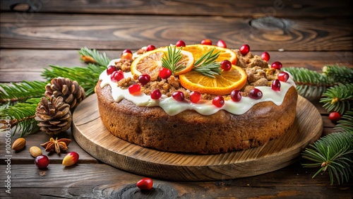 Wallpaper Mural A festive cake topped with white frosting, cranberries, orange slices, and a sprig of rosemary, a perfect holiday treat. Torontodigital.ca