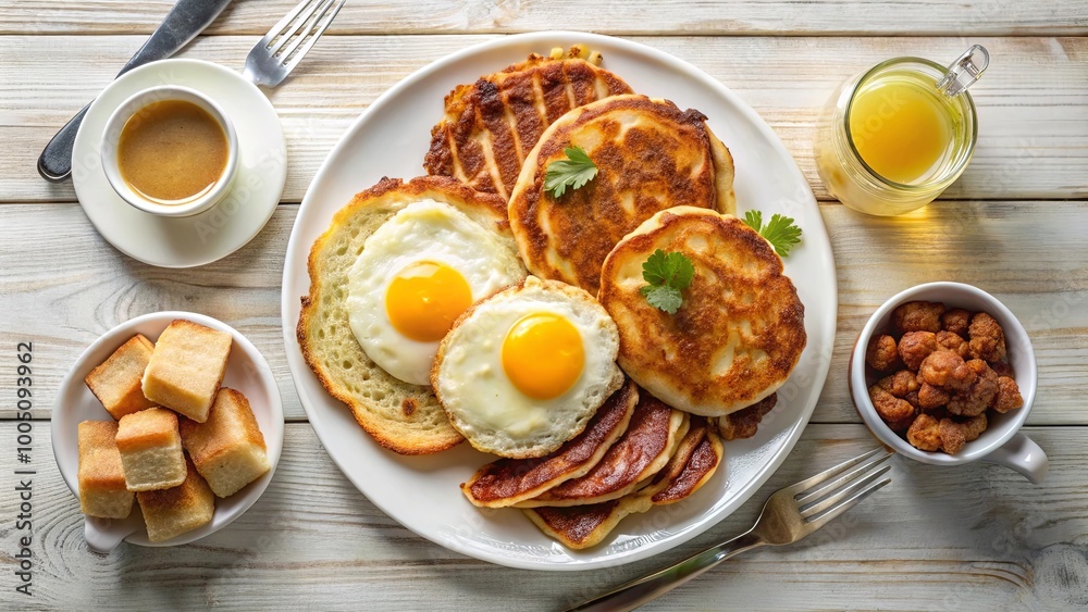 A breakfast plate with fluffy pancakes, sunny-side-up eggs, and a side of toasted bread and orange juice A breakfast plate with fluffy pancakes, sunny-side-up eggs, and a side of toasted bread and orange juice