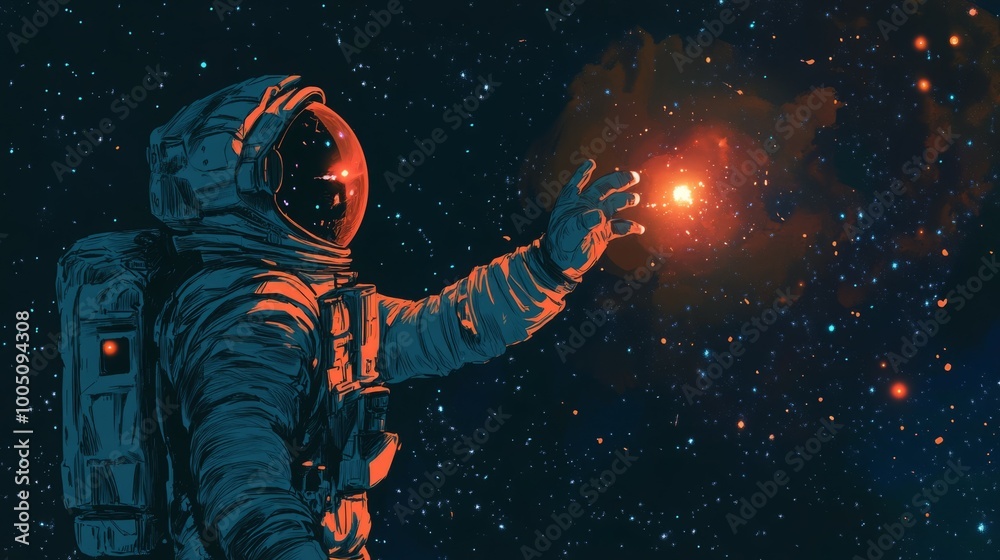 An astronaut reaches out to a distant star in space. An astronaut reaches out to a distant star in space.