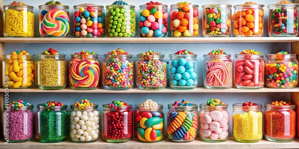 Fototapeta premium A colorful display of candy jars filled with various shapes, sizes, and textures of sweet treats, arranged on wooden shelves.