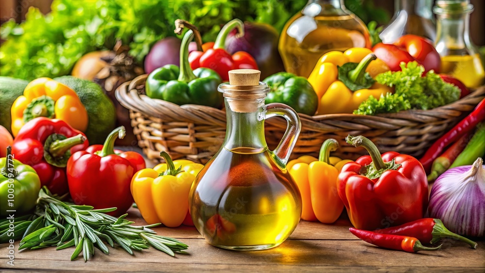 A Rustic Still Life Featuring Fresh Bell Peppers, Chili Peppers, Garlic, Rosemary, and a Bottle of Olive Oil A Rustic Still Life Featuring Fresh Bell Peppers, Chili Peppers, Garlic, Rosemary, and a Bottle of Olive Oil