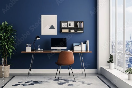 Modern home office setup with wooden desk, comfortable chair, and blue accent wall in a bright urban environment. Generative AI