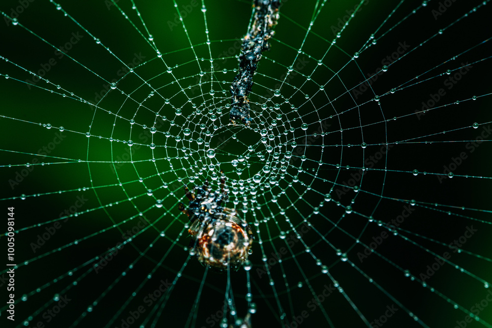 Spider web covered in dew drops on green background. Spider web covered in dew drops on green background.