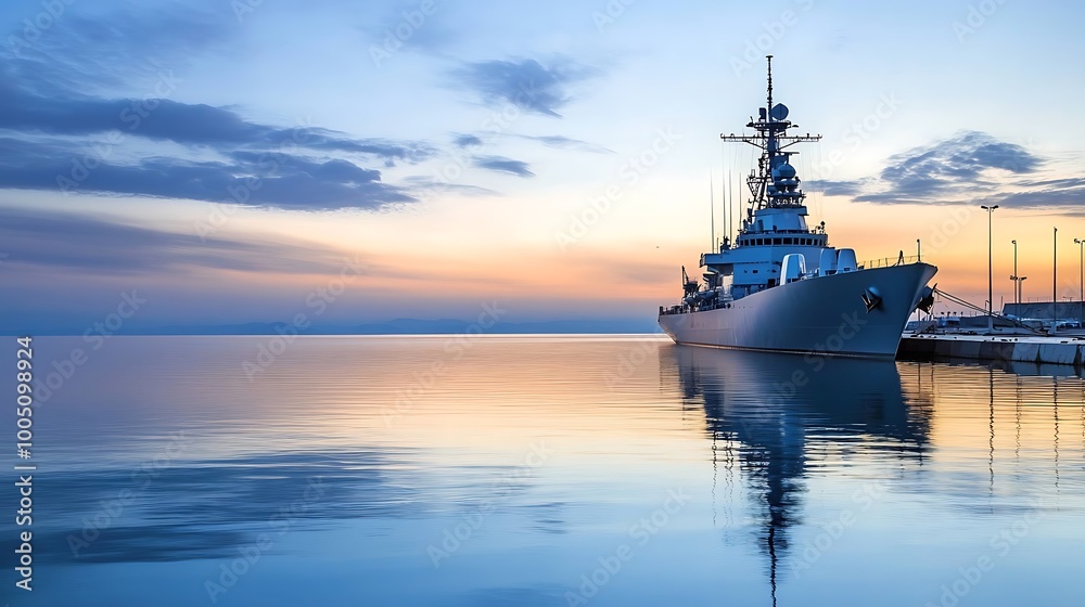 Warship at Sunset in a Calm Harbor Warship at Sunset in a Calm Harbor