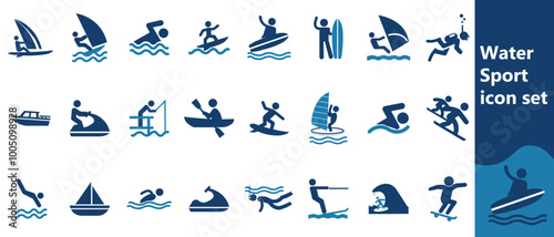 Set of Water Sport Icons. Contains such Icons as Riding Water Bike, SUP Boarding, Windsurfing and more.