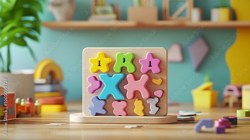 A 3D illustration of a custom wooden name puzzle for kids, with colorful, chunky letters placed on a smooth wooden board, creating a fun and playful design 