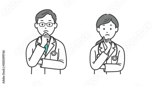 悩む顔に手を当てて医師男女の上半身イラスト
