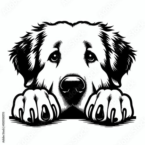 Sad looking kuvasz dog peeking with front paws vector silhouette illustration photo