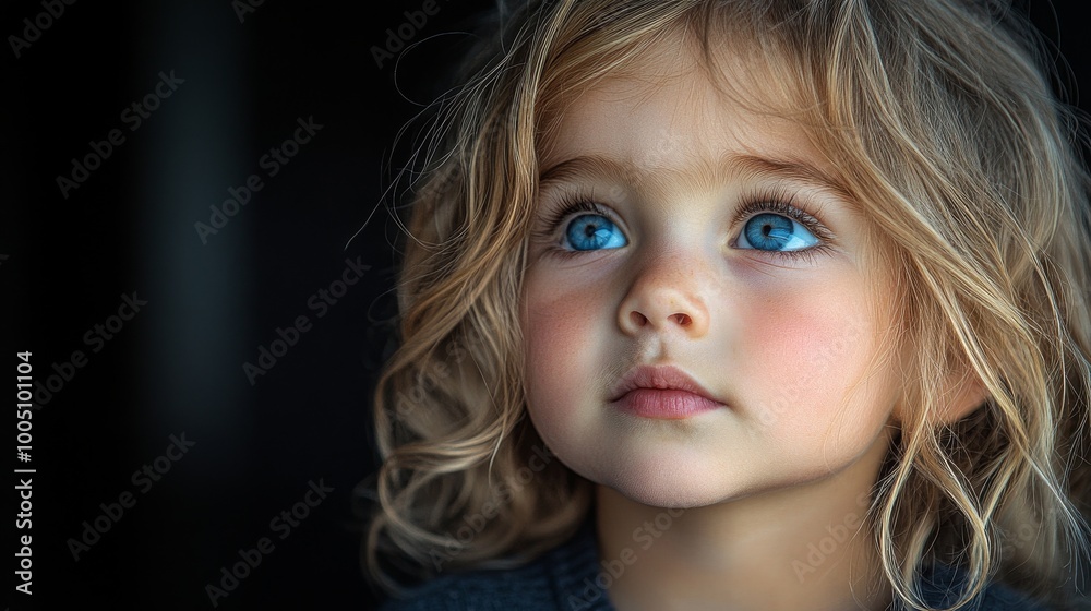 Child with blue eyes looking upwards, close Child with blue eyes looking upwards, close