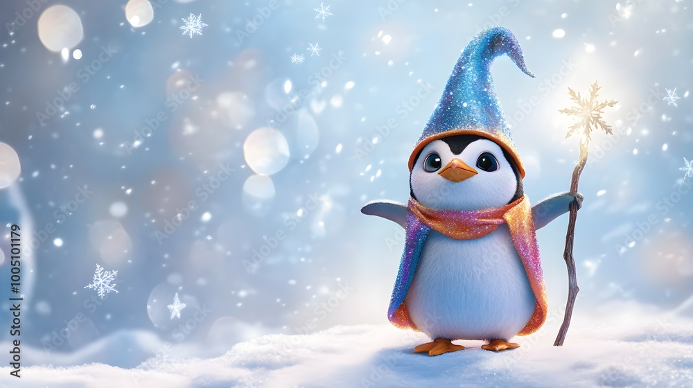 A charming penguin dressed in a colorful wizard costume, standing confidently on a snow-covered hill with a shimmering magical staff, surrounded by sparkling snowflakes, evoking a sense of arctic A charming penguin dressed in a colorful wizard costume, standing confidently on a snow-covered hill with a shimmering magical staff, surrounded by sparkling snowflakes, evoking a sense of arctic