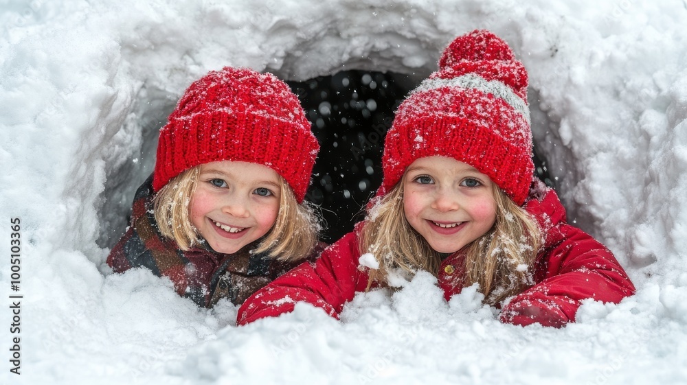 Two cheerful girls in winter attire playing in a snow cave. Two cheerful girls in winter attire playing in a snow cave.