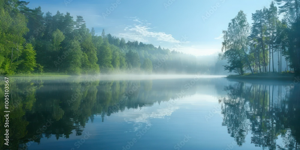 A serene lakeside view with calm waters reflecting the surrounding trees and a soft morning mist hovering above A serene lakeside view with calm waters reflecting the surrounding trees and a soft morning mist hovering above