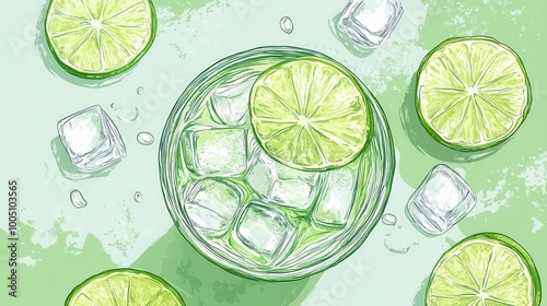 handdrawn illustration of a refreshing beverage adorned with lime slices and ice cubes exuding a sense of coolness and thirstquenching appeal perfect for summer photo