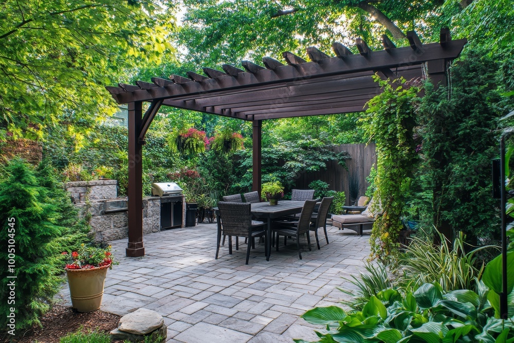 Obraz premium Serene backyard retreat featuring a pergola shaded dining space for relaxation and gatherings