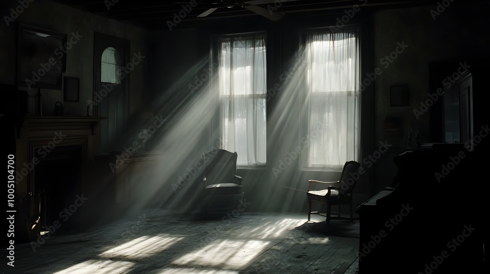 A dimly lit room in an old house, filled with dust-covered furniture and forgotten objects, with beams of light filtering through cracked windows, evoking a sense of nostalgia and decay A dimly lit room in an old house, filled with dust-covered furniture and forgotten objects, with beams of light filtering through cracked windows, evoking a sense of nostalgia and decay