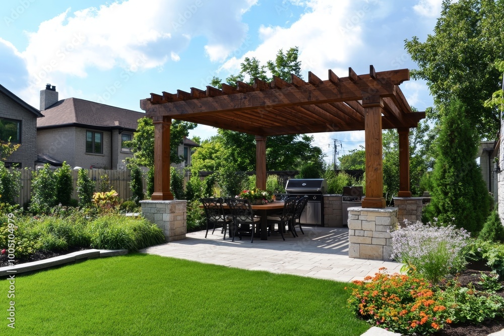 Charming backyard retreat featuring a pergola covered dining space for outdoor gatherings Charming backyard retreat featuring a pergola covered dining space for outdoor gatherings