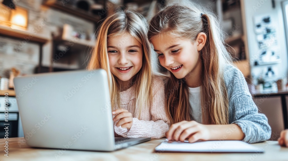 Two girls sharing joy while using a laptop in a cozy kitchen setting. Two girls sharing joy while using a laptop in a cozy kitchen setting.
