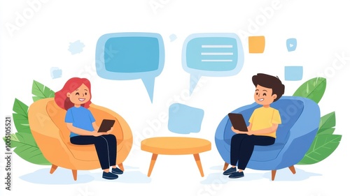 Two people chatting in a cozy setting, colorful armchairs and dialogue bubbles.