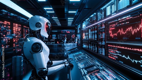 A sleek, high-tech trading environment filled with humanoid robots executing trades through sophisticated quantum computing systems, illuminated by neon lights and dynamic data visualizations, 