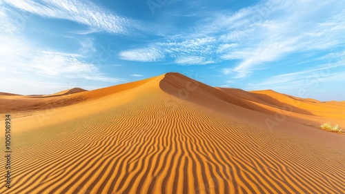 Vast desert landscape with sweeping sand dunes and a bright blue sky.