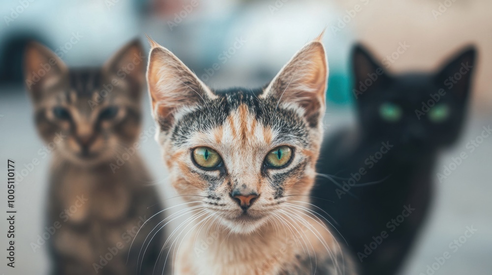 Three cats of different colors and patterns sit together outdoors, basking in the sunlight and enjoying their time with one another Three cats of different colors and patterns sit together outdoors, basking in the sunlight and enjoying their time with one another