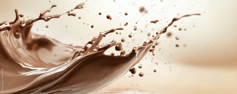 Close-up of a chocolate splash with droplets on light brown background, dynamic motion concept Close-up of a chocolate splash with droplets on light brown background, dynamic motion concept