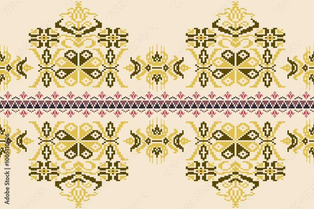 Cross stitch and ikat geometric seamless pattern ethnic oriental traditional background.carpet,wallpaper,clothing,wrapping,batik,fabric,vector illustration oriental geometric art pattern embroidery Cross stitch and ikat geometric seamless pattern ethnic oriental traditional background.carpet,wallpaper,clothing,wrapping,batik,fabric,vector illustration oriental geometric art pattern embroidery