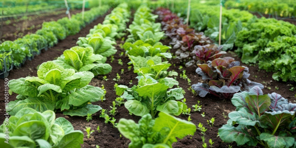 A vibrant vegetable garden with various plants growing in neat rows, ready for harvest A vibrant vegetable garden with various plants growing in neat rows, ready for harvest
