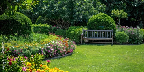 A well-maintained garden with colorful flowers, neatly trimmed bushes, and a small wooden bench
