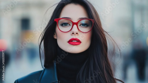 An elegant woman with long dark hair and bold red glasses exudes confidence while showcasing her unique style in an urban setting