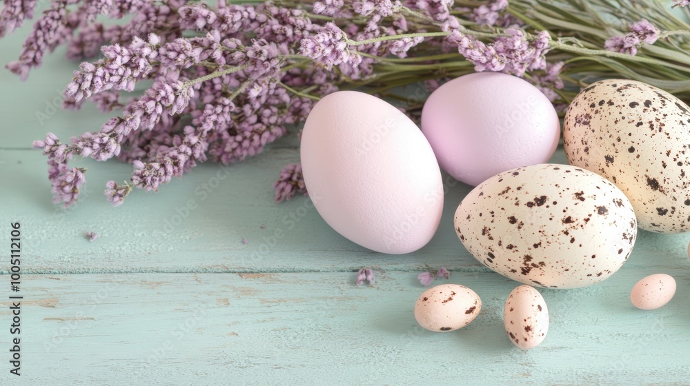 A variety of colorful Easter eggs placed on a rustic wooden surface alongside delicate lavender flowers, celebrating the spring season A variety of colorful Easter eggs placed on a rustic wooden surface alongside delicate lavender flowers, celebrating the spring season