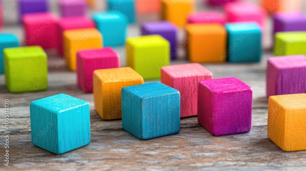Handcrafted, colorful wooden blocks are arranged casually on a rustic wooden table, inviting creativity in a warm, cozy environment Handcrafted, colorful wooden blocks are arranged casually on a rustic wooden table, inviting creativity in a warm, cozy environment