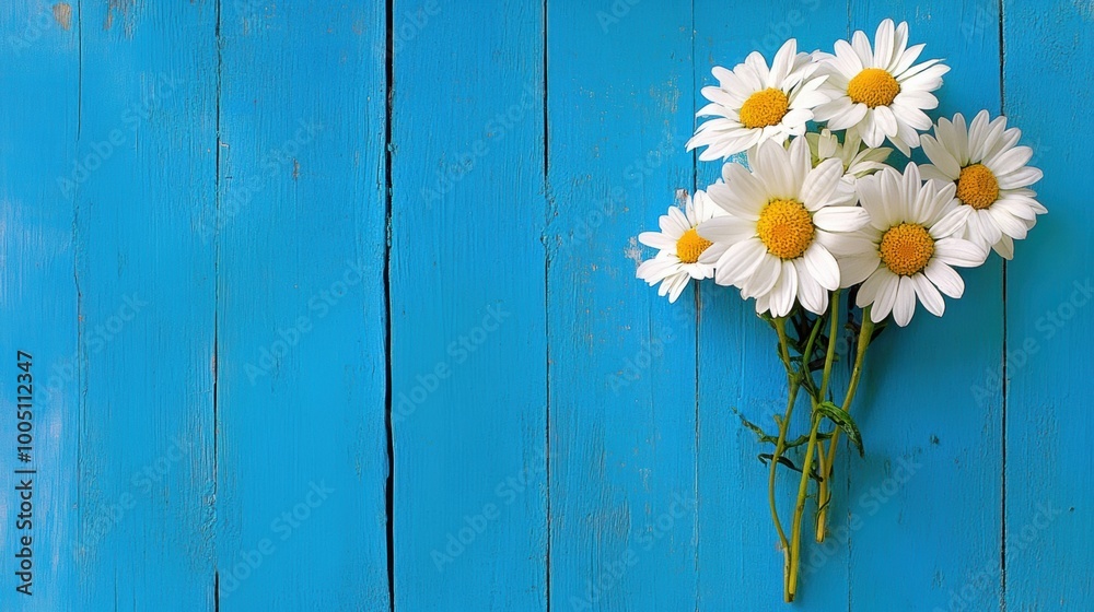 Obraz premium Bright white daisies flourish against a rustic blue wooden wall, enhancing the cheerful atmosphere of the outdoor environment