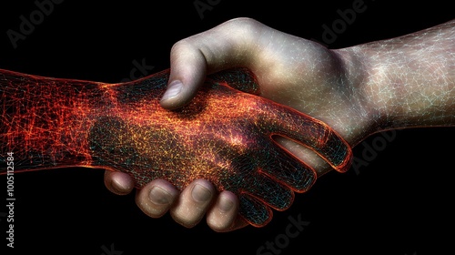 An ultrarealistic image of two translucent hands coming together in a symbolic handshake, highlighting the concept of trust and collaboration in a digital world.