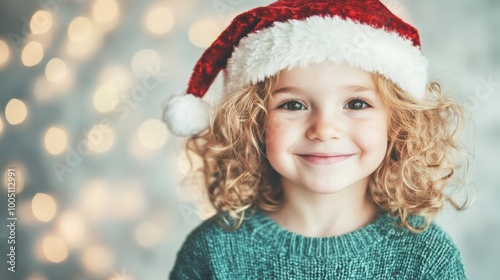 A cheerful child, adorned in a Santa hat, beams with happiness amidst festive decorations and sparkling lights during the holiday season