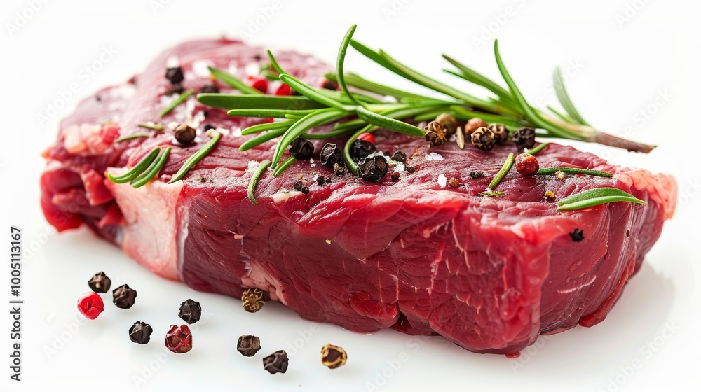 Raw beef steak with rosemary and peppercorns on white background. Raw beef steak with rosemary and peppercorns on white background.