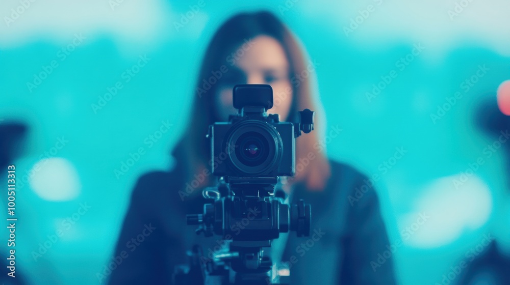 A female director captures a moment in a studio setting, fully engaged with the filming process and her equipment