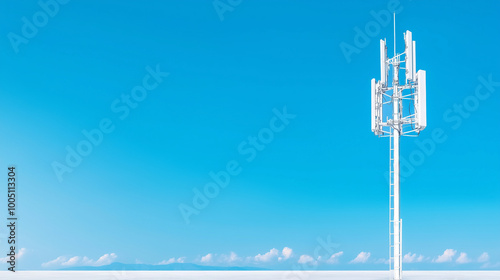 Close-up of a modern cell tower, intricate details of antennas and cables, with a clear blue sky background