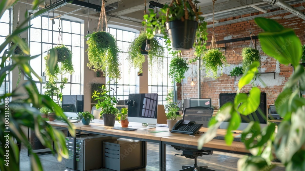 An office space with hanging plants placed above workstations, bringing greenery into the workplace An office space with hanging plants placed above workstations, bringing greenery into the workplace