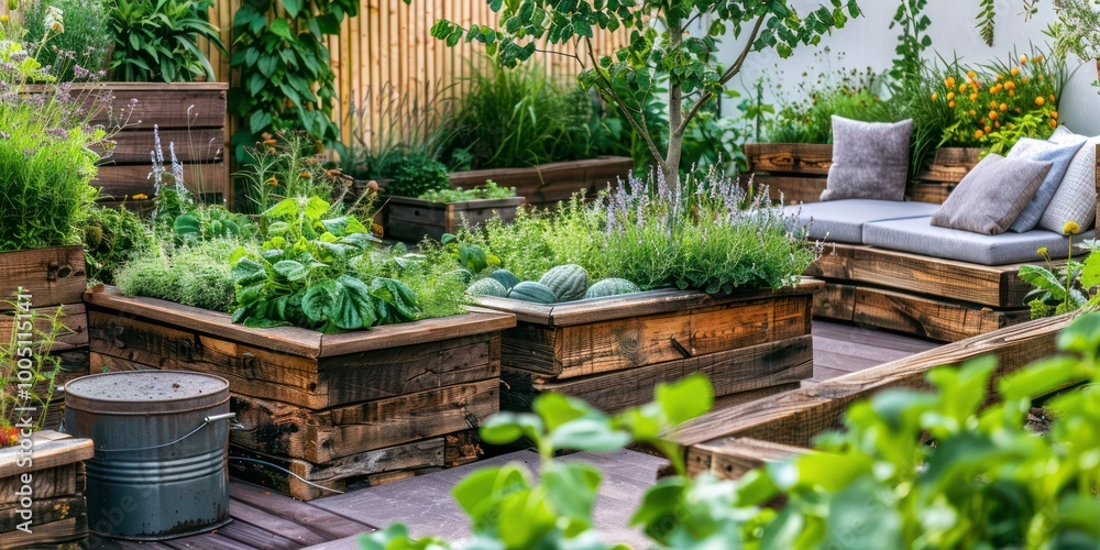 A backyard garden with raised beds, lush green plants, and a cozy seating area for relaxation A backyard garden with raised beds, lush green plants, and a cozy seating area for relaxation