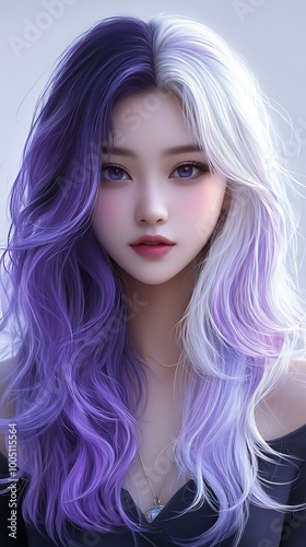 Colorful image asian woman in anime style with two-tone ombre hair design