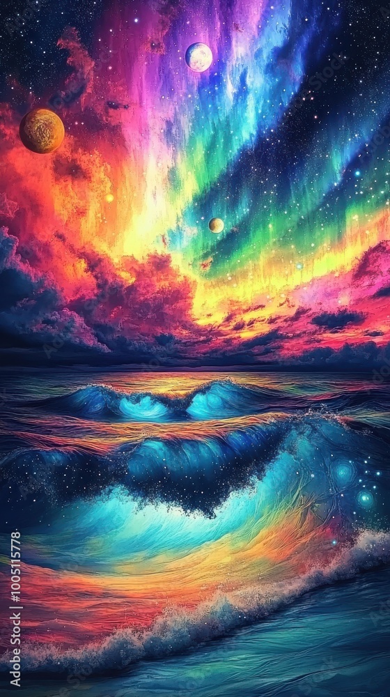 Stunning Cosmic and Ocean Landscape Art with Vibrant Aurora Borealis and Endless Waves Under Starry Sky Stunning Cosmic and Ocean Landscape Art with Vibrant Aurora Borealis and Endless Waves Under Starry Sky