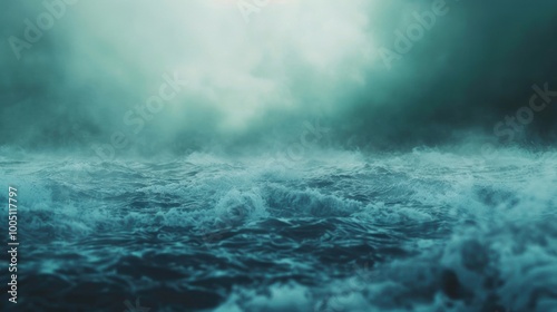 Turbulent waves crash in dark ocean waters, shrouded in a moody atmosphere under a cloudy twilight sky