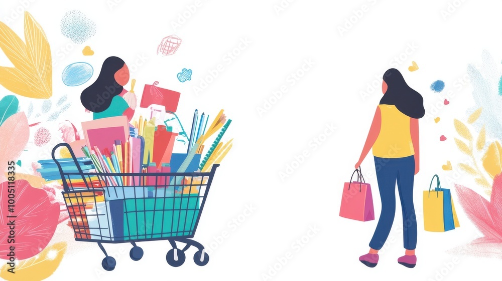 Fototapeta premium Woman shopping with colorful bags and cart, vibrant floral background, white isolate.
