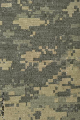 Universal camouflage pattern army combat uniform digital camo, natural vertical USA military ACU ripstop fabric background macro closeup, foliage green, desert sand tan, urban taupe grey NYCO swatch