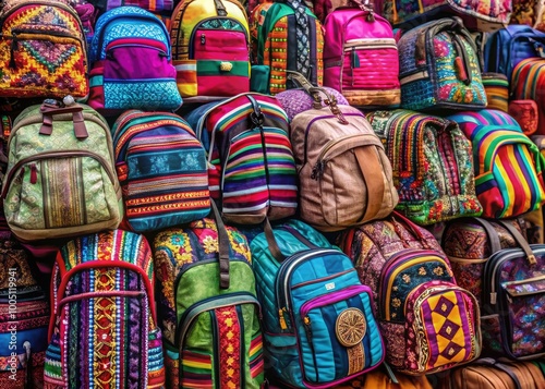 Vibrant, assorted backpacks stacked haphazardly together, showcasing a kaleidoscope of colors and patterns, evoking a sense of adventure, travel, and carefree spirit.