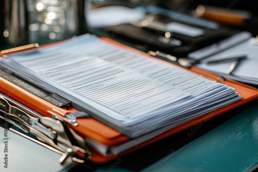 Documents stacked in an orange binder on a table during a work meeting, highlighting preparations for a discussion. Generative AI Documents stacked in an orange binder on a table during a work meeting, highlighting preparations for a discussion. Generative AI