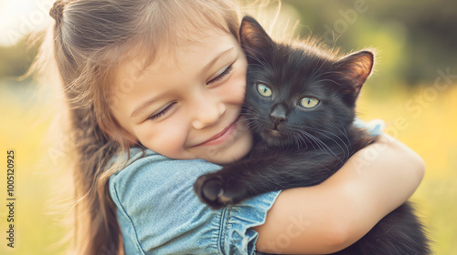 Girl hugging black cat in a sunny outdoor setting with a joyful expression.