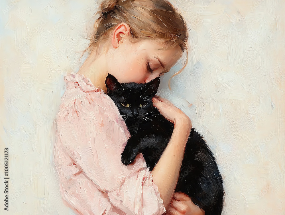 Girl hugs black cat, gentle moment of love and connection. Girl hugs black cat, gentle moment of love and connection.