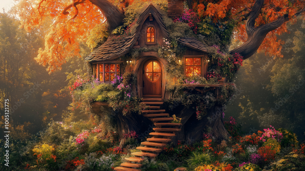 a whimsical treehouse built in the trunk of an ancient cherry tree. surrounded by colorful flowers and trees, with steps leading up to its door. a whimsical treehouse built in the trunk of an ancient cherry tree. surrounded by colorful flowers and trees, with steps leading up to its door.